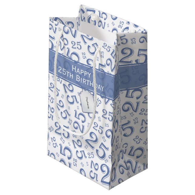 25th Birthday Random Number Pattern Blue/White Small Gift Bag (Front Angled)