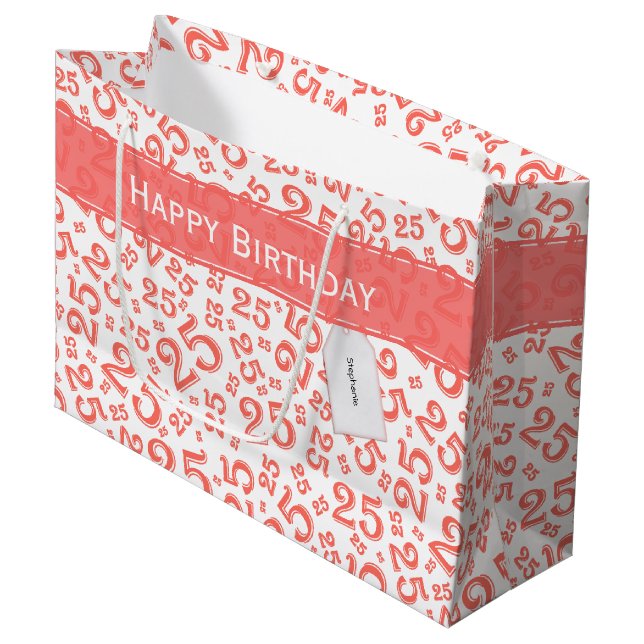 25th Birthday Random Number Pattern Coral/White Large Gift Bag (Front Angled)