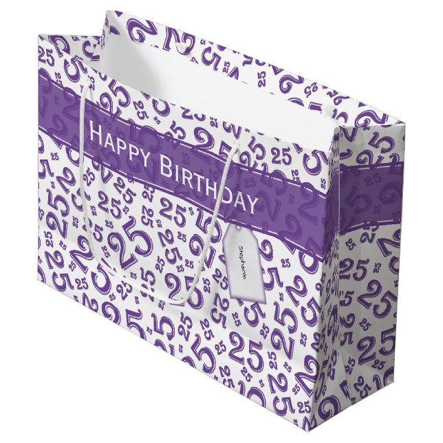 25th Birthday Random Number Pattern Purple/White Large Gift Bag (Front Angled)