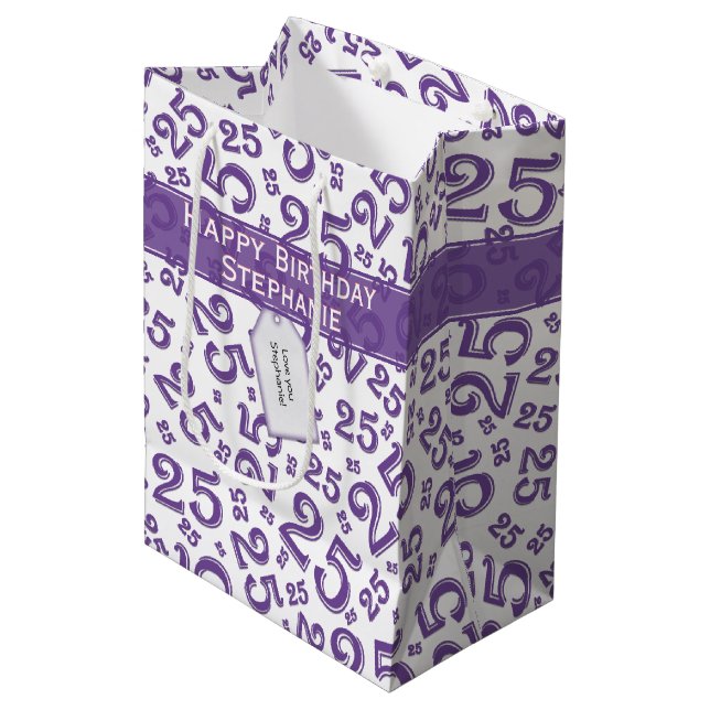 25th Birthday Random Number Pattern Purple/White Medium Gift Bag (Front Angled)