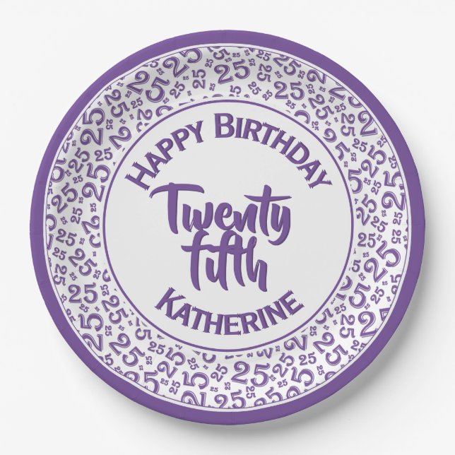 25th Birthday Random Number Pattern Purple/White Paper Plates (Front)