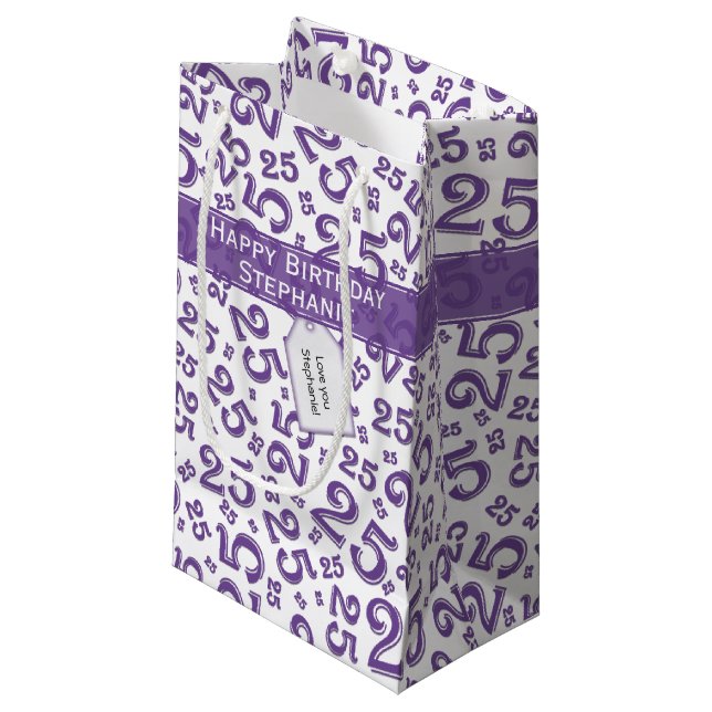 25th Birthday Random Number Pattern Purple/White Small Gift Bag (Front Angled)