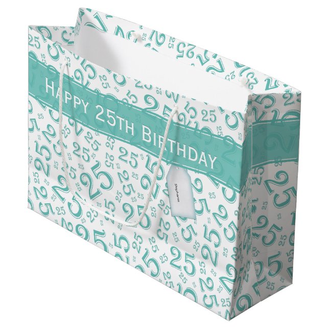 25th Birthday Random Number Pattern Teal/White Large Gift Bag (Front Angled)