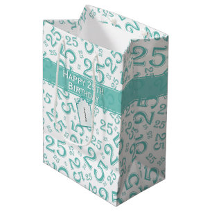 25th Birthday Random Number Pattern Teal/White Medium Gift Bag
