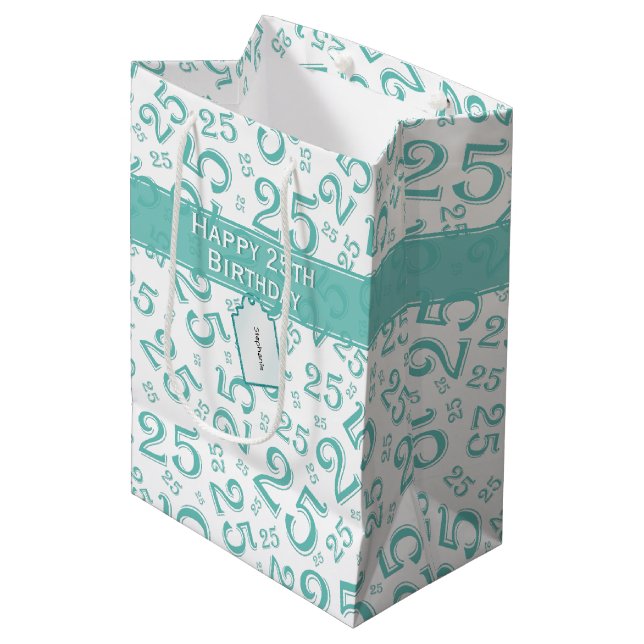 25th Birthday Random Number Pattern Teal/White Medium Gift Bag (Front Angled)