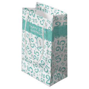 25th Birthday Random Number Pattern Teal/White Small Gift Bag