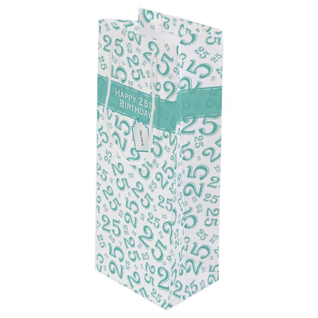 25th Birthday Random Number Pattern Teal/White Wine Gift Bag (Front Angled)