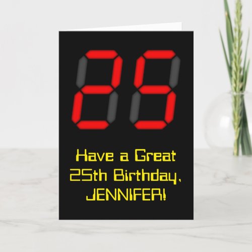 25th Birthday Red Digital Clock Style 25  Name Card
