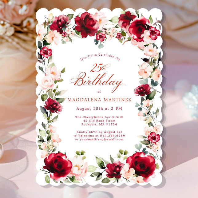 25th Birthday Red Rose Pink Peony Floral Invitation (Creator Uploaded)