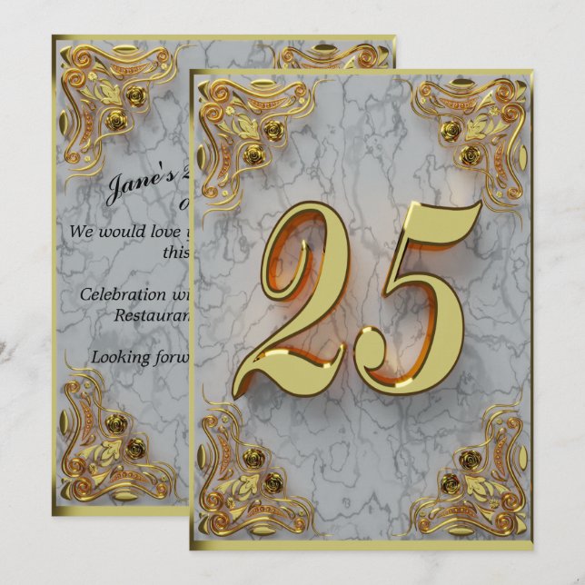 25th Birthday Regal Gold Marble Greeting or Invitation (Front/Back)