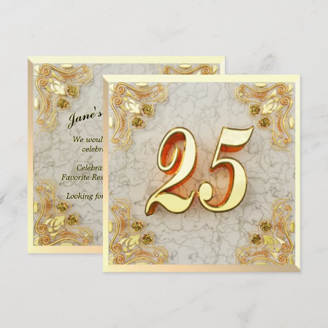25th Birthday Regal Gold Marble Greeting or Invitation (Front/Back)