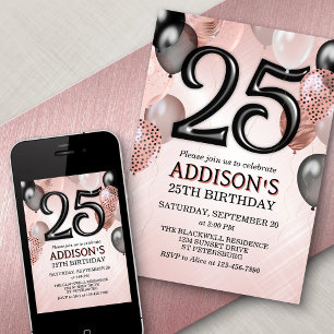 25th Birthday Rose Gold Balloons Invitation