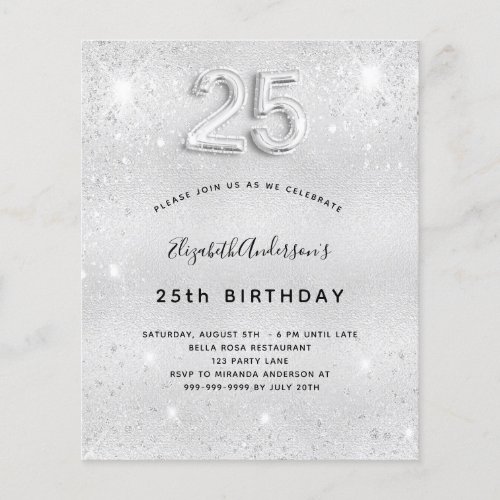 25th birthday silver glitter budget invitation