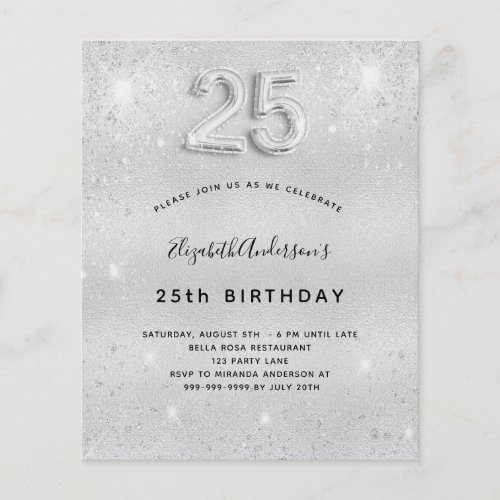 25th birthday silver glitter budget invitation flyer