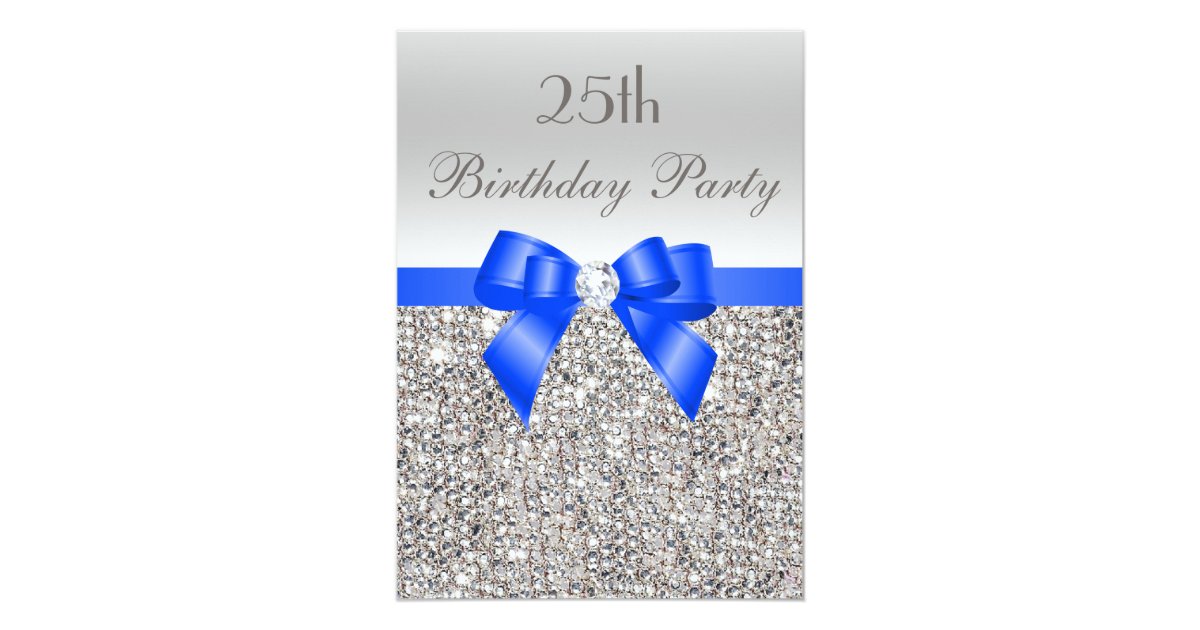 25th Birthday Silver Sequin Royal Blue Bow Diamond Invitation | Zazzle.com