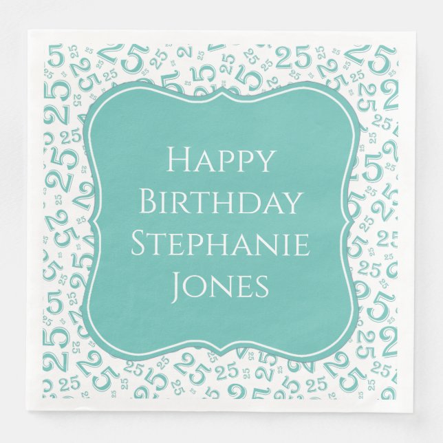 25th Birthday Teal/White Bracket Number Pattern Paper Dinner Napkins (Front)