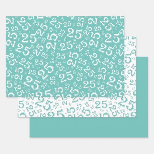 25th Birthday Teal  White Number Pattern 25 Wrapping Paper Sheets