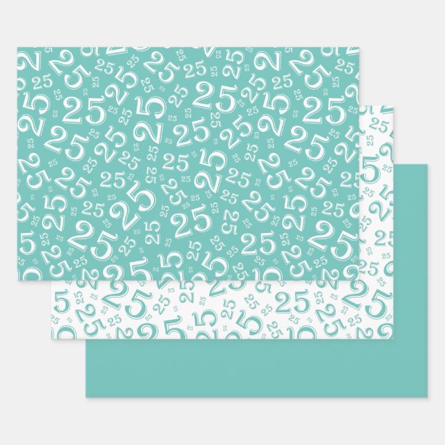 25th Birthday Teal & White Number Pattern 25 Wrapping Paper Sheets (Set)
