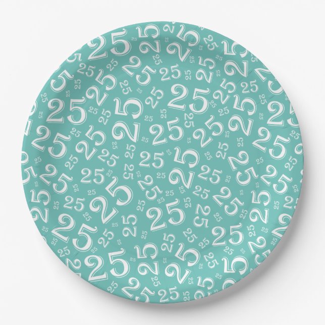 25th Birthday Teal/White Random Number Pattern Paper Plates (Front)