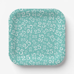 25th Birthday Teal/White Random Number Pattern Paper Plates