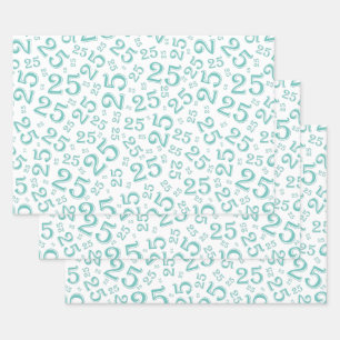 25th Birthday Teal & White Random Number Pattern Wrapping Paper Sheets
