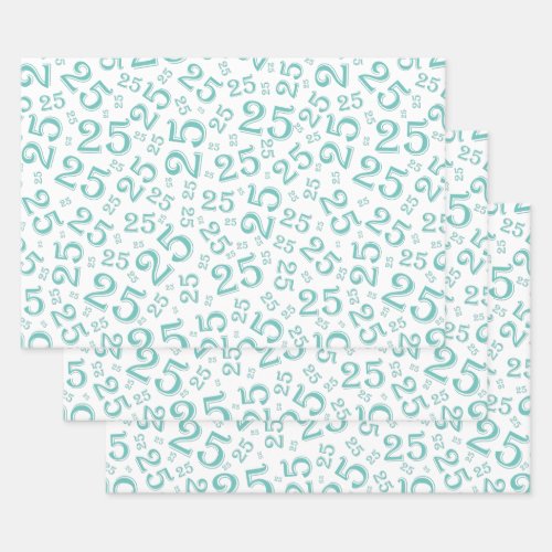 25th Birthday Teal  White Random Number Pattern Wrapping Paper Sheets