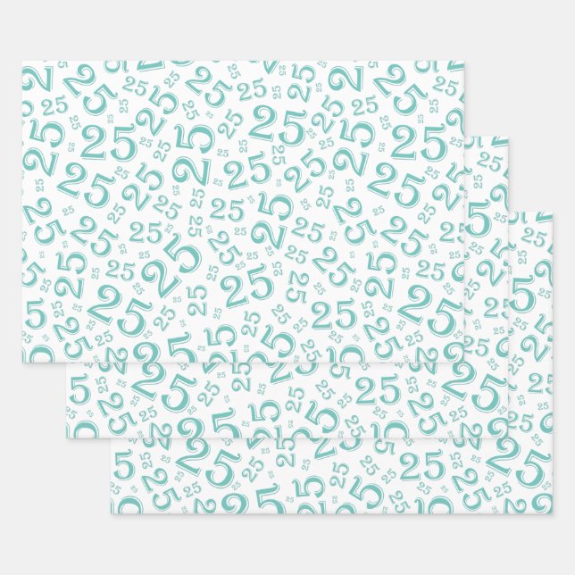 25th Birthday Teal & White Random Number Pattern Wrapping Paper Sheets (Set)