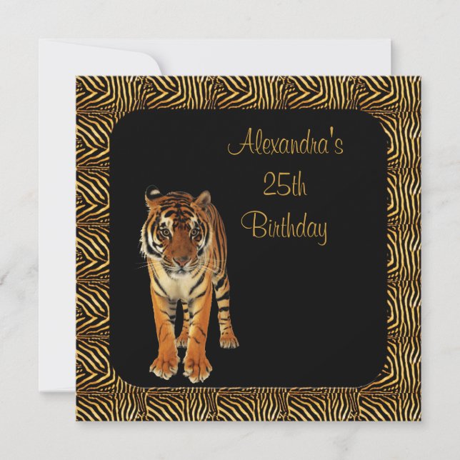 25th Birthday Tiger with Animal Print Frame Invitation (Front)