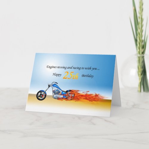 25th Birthday with a Flaming Motorcycle Card