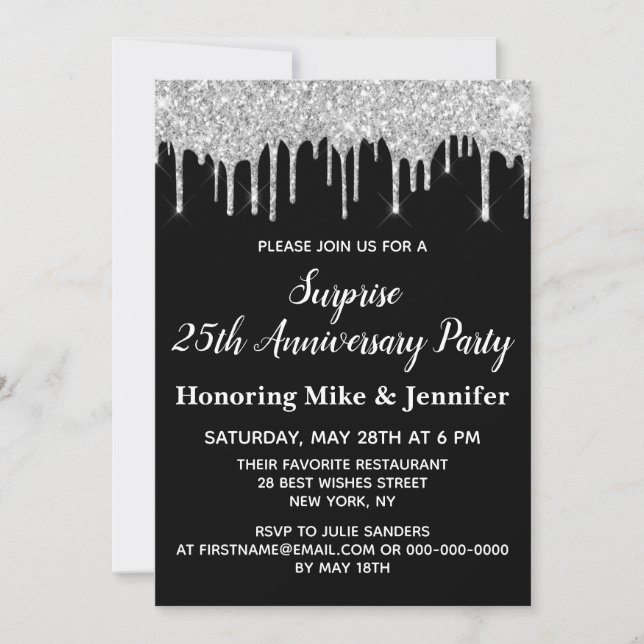 25th Black and Silver Surprise Anniversary Party Invitation (Front)