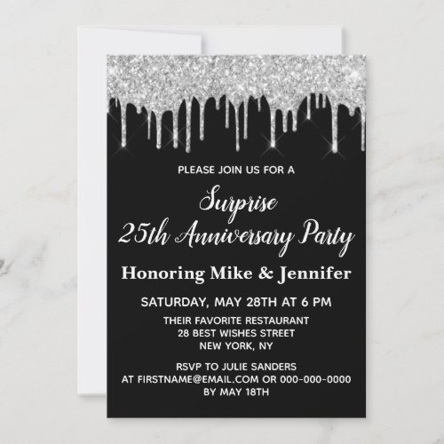 25th Black and Silver Surprise Anniversary Party Invitation