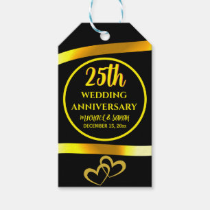  25th Black Gold Wedding Anniversary Modern Heart  Gift Tags