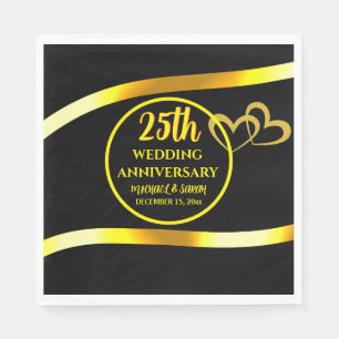 25th Black Gold Wedding Anniversary Modern Heart Napkins