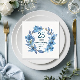 25th Blue Floral Silver Wedding Anniversary Napkins