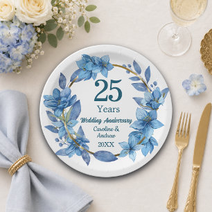 25th Blue Floral Silver Wedding Anniversary Paper Plates