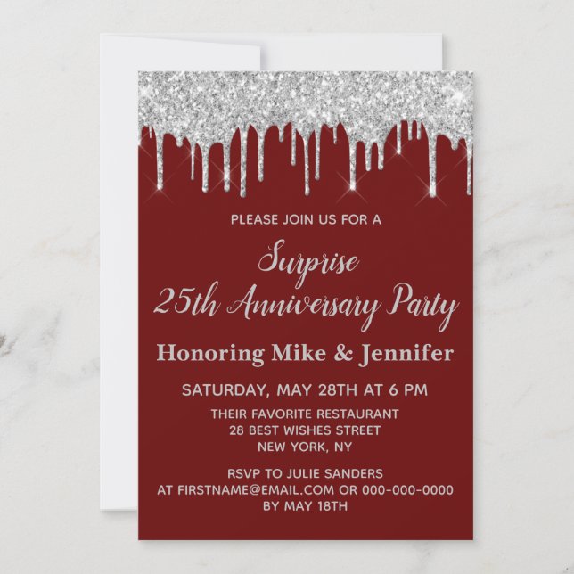 25th Burgundy & Silver Surprise Anniversary Party Invitation (Front)