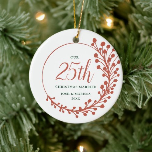 25th Christmas Married Personalized Fern Wreath Ceramic Ornament