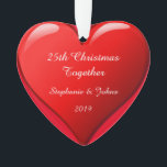 25th Christmas Together Cute Heart 2019 Red Ornament<br><div class="desc">Designed for Christmas 2019,  this is designed with cute romantic red heart design in solid red background and personalized text templates for entering your names. Perfect romantic gift for couple celebrating their 25th Christmas together.</div>