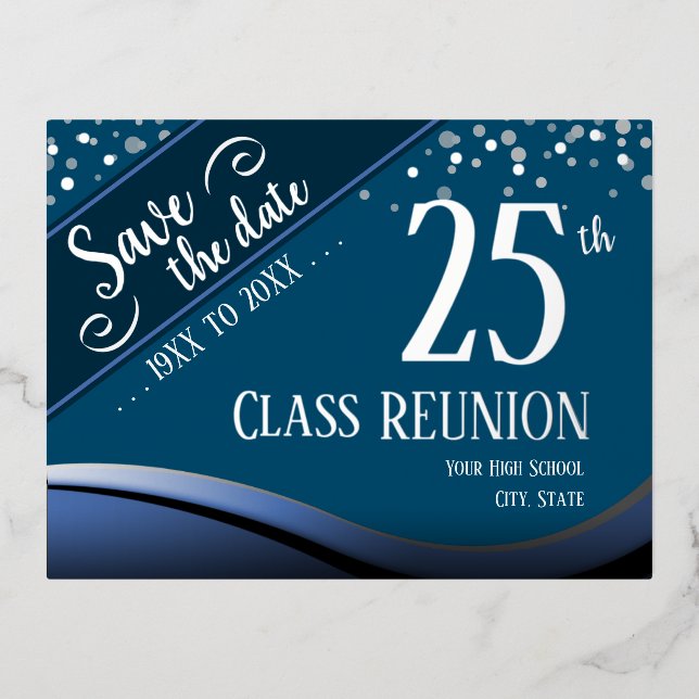 25th Class Reunion Elegant blue Foil Holiday Postcard (Front)