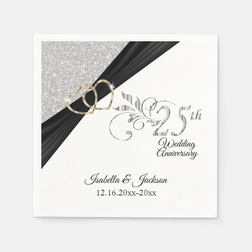 25th Gold Hearts and Silver Glitter Anniversary Napkins