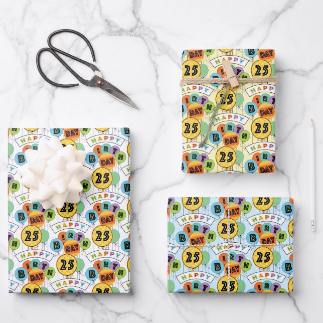 25th Happy Birthday Typography Balloons  Wrapping Paper Sheets (Front)