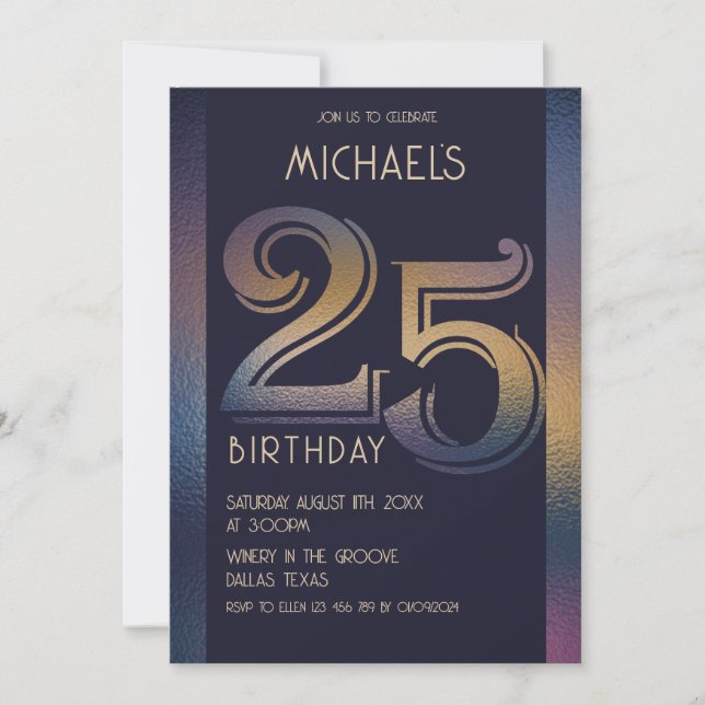 25th modern dark purple and gold birthday invitation (Front)