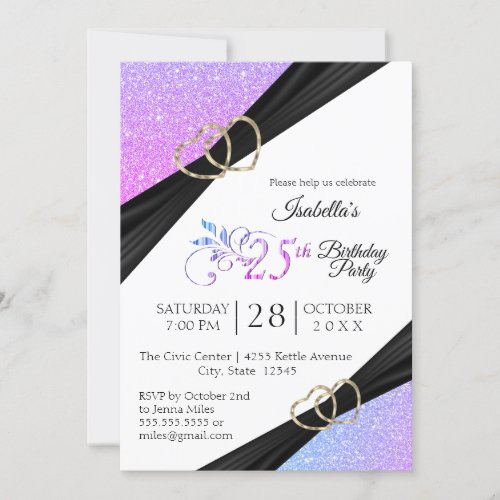 25th Multi Color Glitter and Gold Heart Birthday Invitation