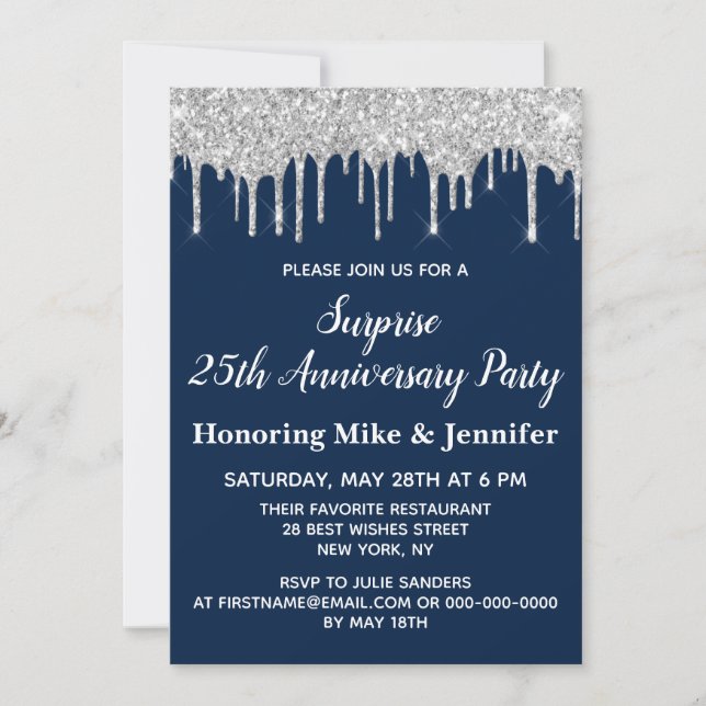 25th Navy Silver Surprise Anniversary Invitations (Front)