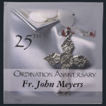 25th Ordination Anniversary Cross Host Cloth Napkin<br><div class="desc">Celebrate a 25th Ordination Anniversary with this beautiful silver satin background and cross with red details. A paten of hosts is seen behind the name and 25th Year. Customize with the name for a truly personal Ordination Anniversary Gift! Party supplies and customizable items are available for a memorable celebration!</div>