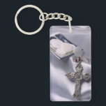 25th Ordination Anniversary Cross Host Keychain<br><div class="desc">Celebrate a 25th Ordination Anniversary with this beautiful silver satin background and cross with red details. A paten of hosts is seen behind the name and 25th Year. Customize with the name for a truly personal Ordination Anniversary Gift! Party supplies and customizable items are available for a memorable celebration!</div>