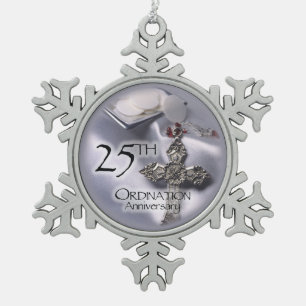 25th Ordination Anniversary Cross Host Snowflake Pewter Christmas Ornament