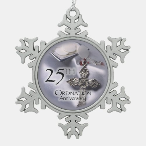 25th Ordination Anniversary Cross Host Snowflake Pewter Christmas Ornament