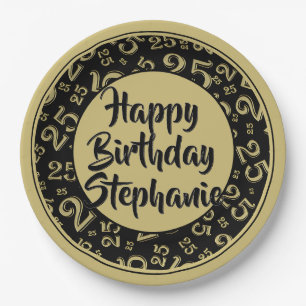 25th Party Random Number Pattern Black/Gold Paper Plates