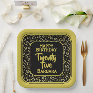 25th Party Random Number Pattern Black/Gold Paper Plates